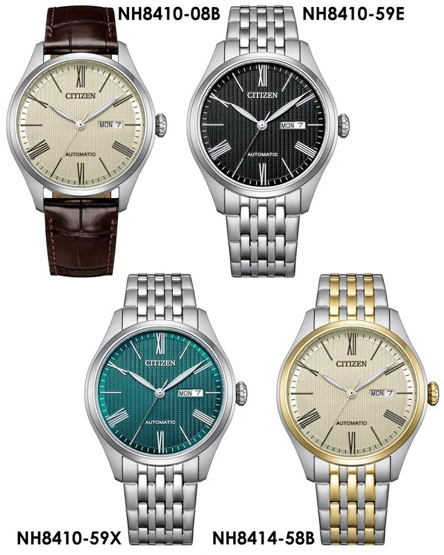 行貨 Citizen 星辰 Automatic Mechanical Stainless Steel Case and Bracelet Men's Watch 香檳/奶油色錶盤 NH8410-08B 黑色紋理錶盤 NH8410-59E , 藍綠色/綠色紋理錶盤 NH8410-59X , 香檳色錶盤 NH8414-58B 男士自動機械腕錶，配備不鏽鋼錶殼及錶帶