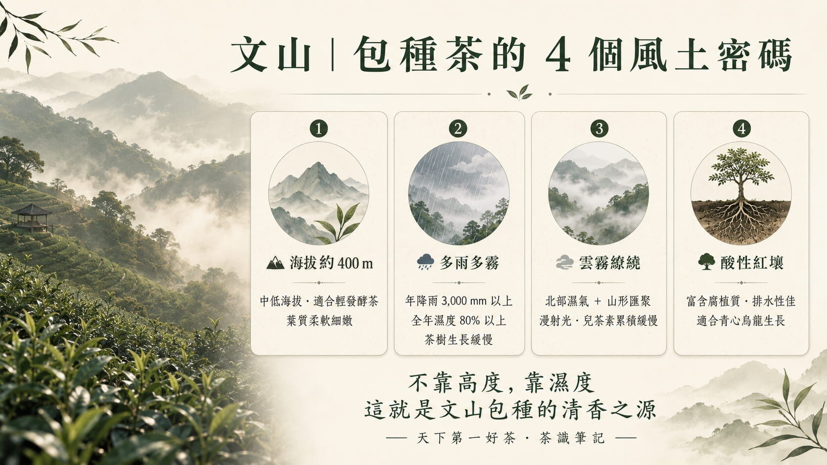 文山包種茶產地四大風土條件圖,海拔約400公尺、年雨量3000毫米以上、雲霧繚繞、酸性紅壤