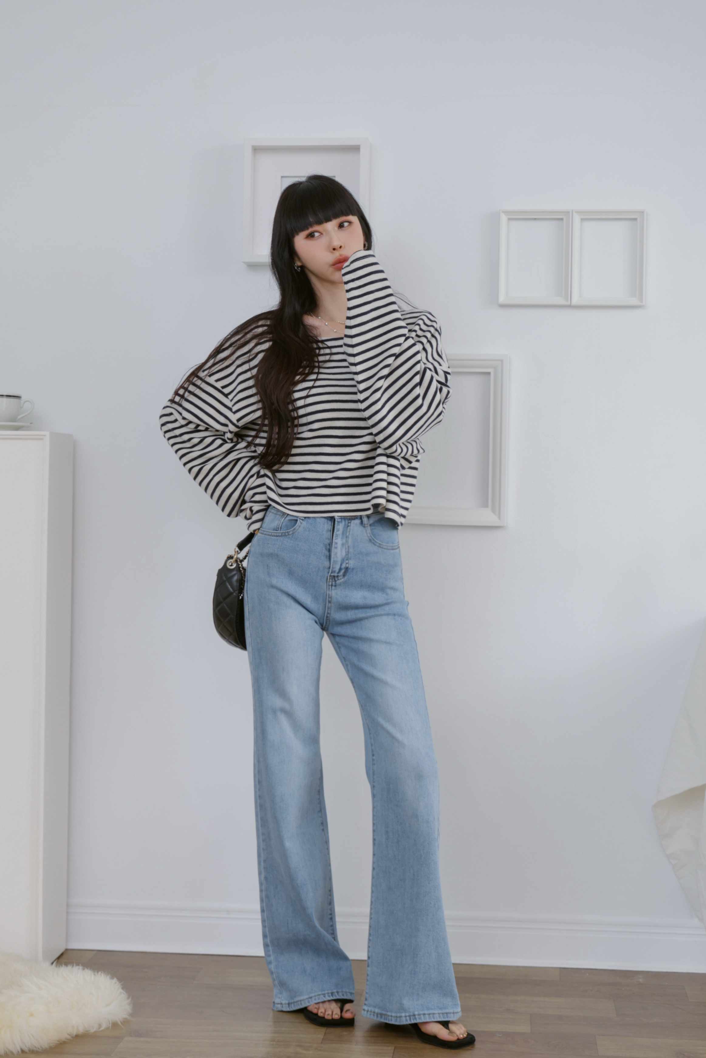 日常水洗刷色牛仔寬褲 S52