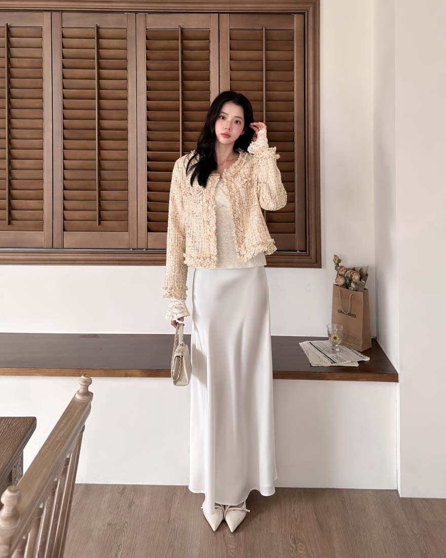 LINA LINA華美千金混色亮片鑽石釦小香外套-奶茶咖M/L
