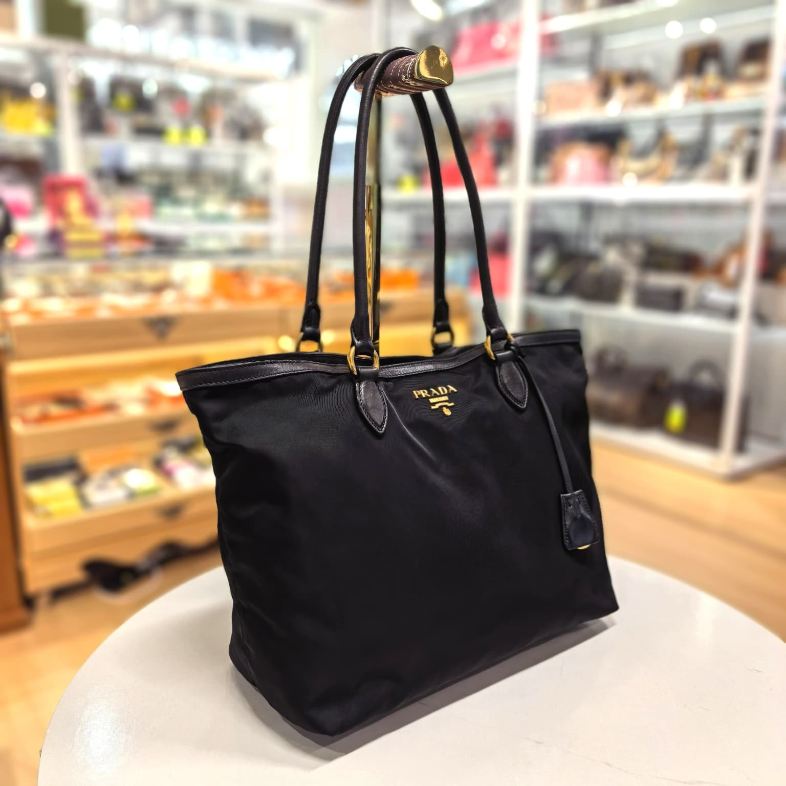 90%NEW USED PRADA TOTE BAG,1BG158, Tessuto, Nero, 黑色尼龍,金字LOGO, 普拉達單肩包/托特包,#香榭站正品