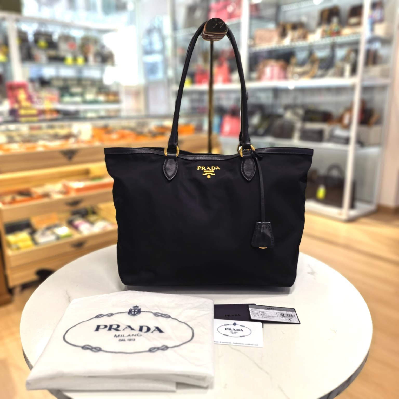 90%NEW USED PRADA TOTE BAG,1BG158, Tessuto, Nero, 黑色尼龍,金字LOGO, 普拉達單肩包/托特包,#香榭站正品