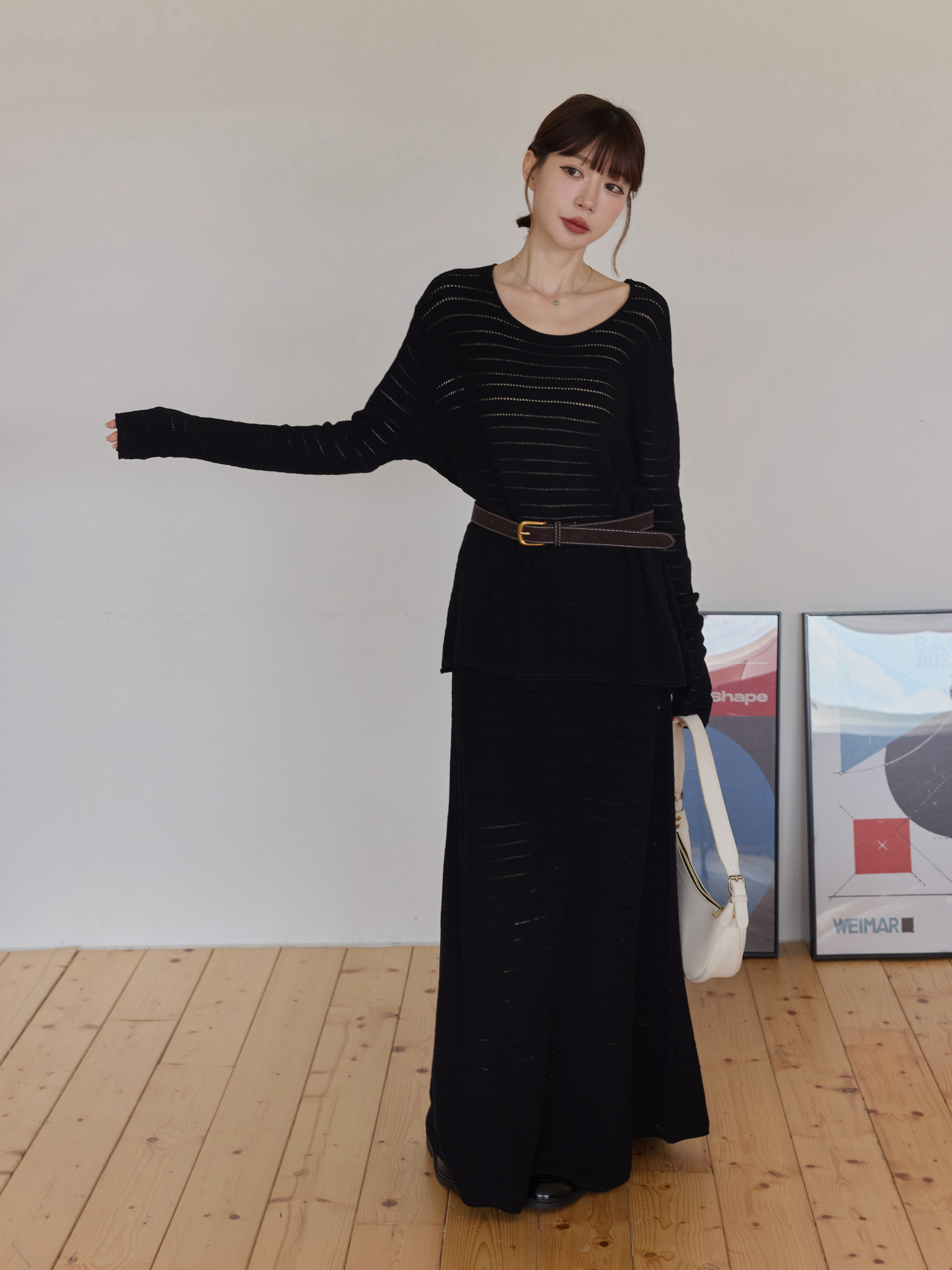 抜け感透かし編みニットロングスカートセット