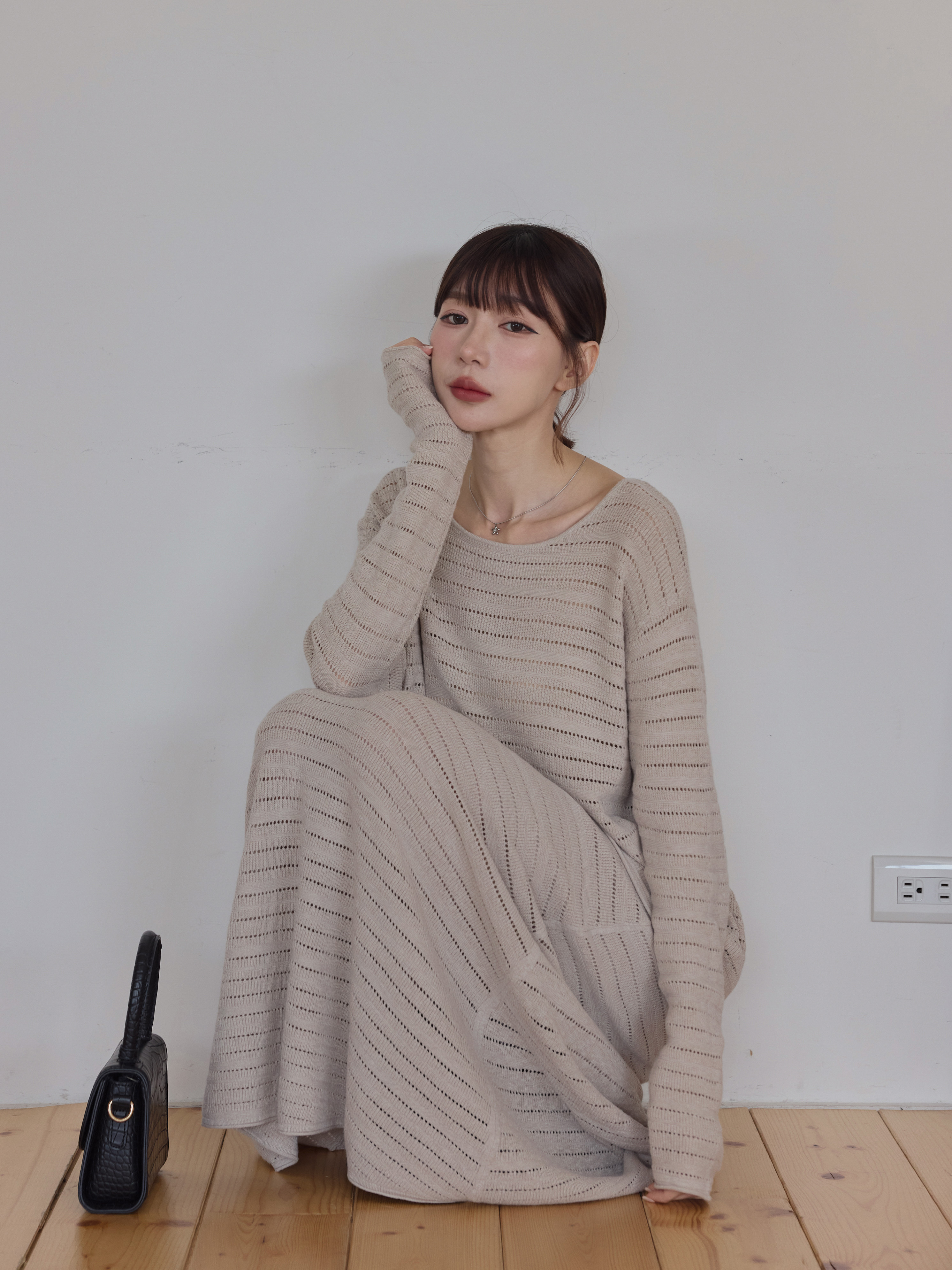 抜け感透かし編みニットロングスカートセット