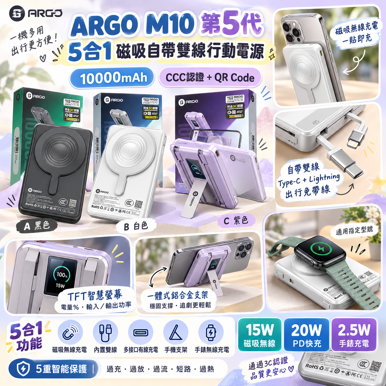 【預訂】ATK101701 ARGO M10 第5代｜5合1磁吸自帶雙線行動電源 10000mAh