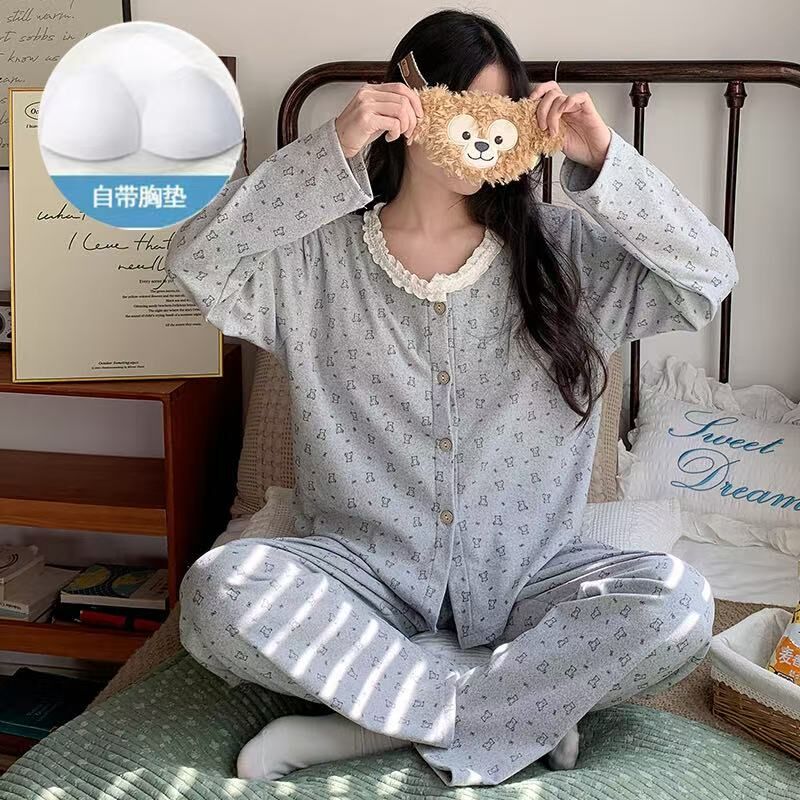 IF1561-甜美蕾絲花邊小熊印花自帶胸墊長袖居家睡衣套裝