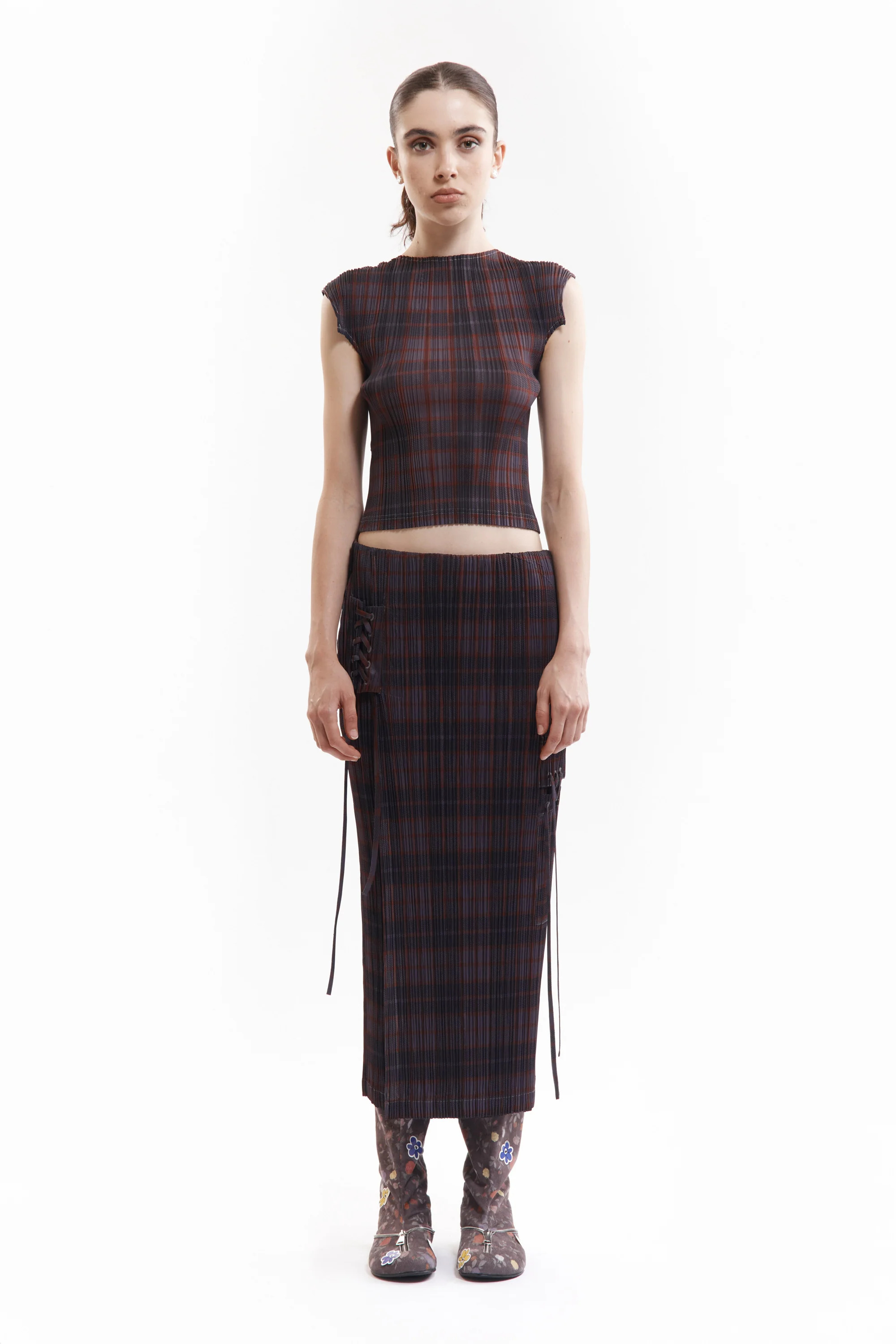 P.A.M.｜BODHI PLEATED LONG SKIRT " GREY CHECK"