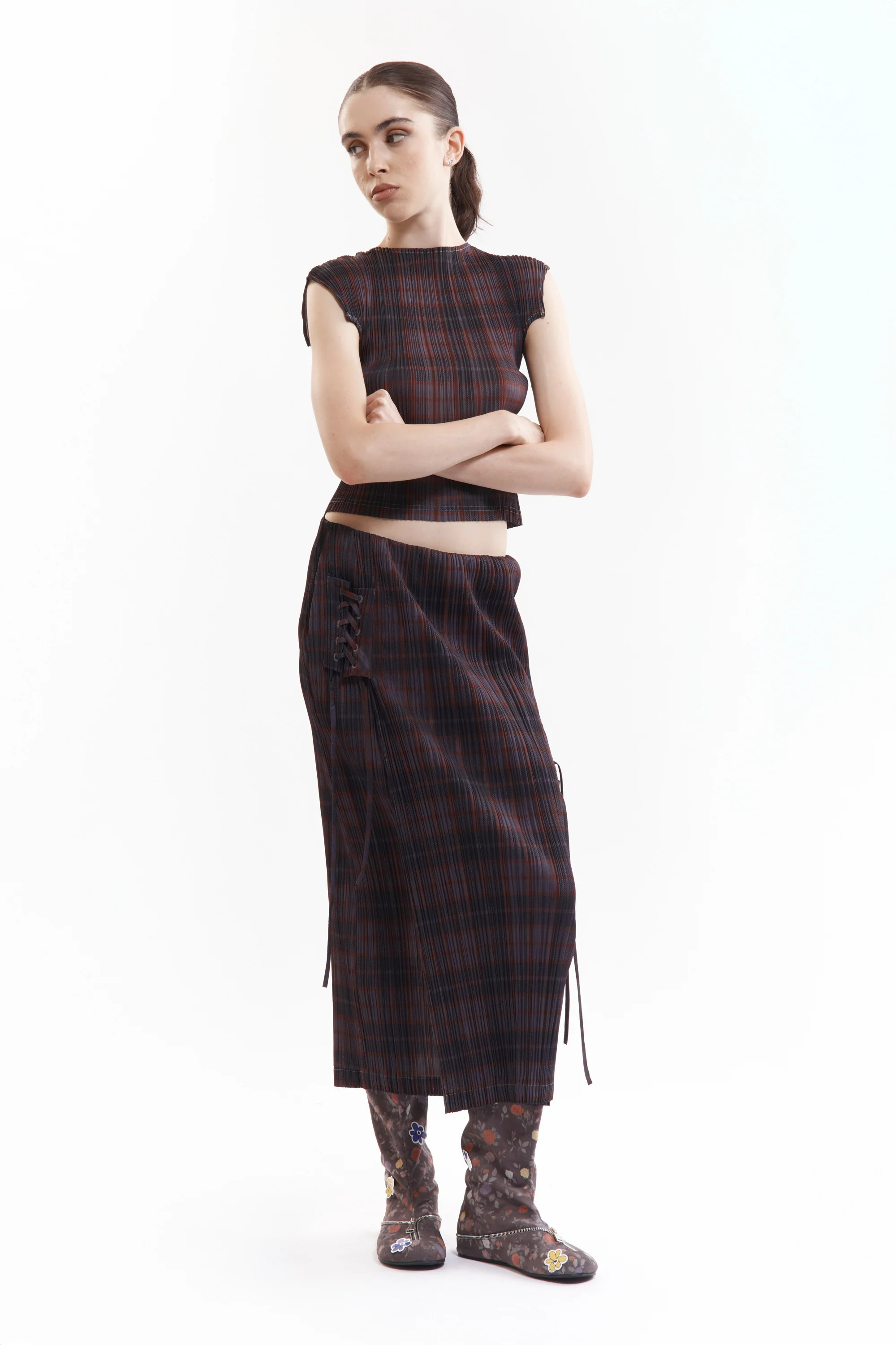 P.A.M.｜BODHI PLEATED LONG SKIRT " GREY CHECK"