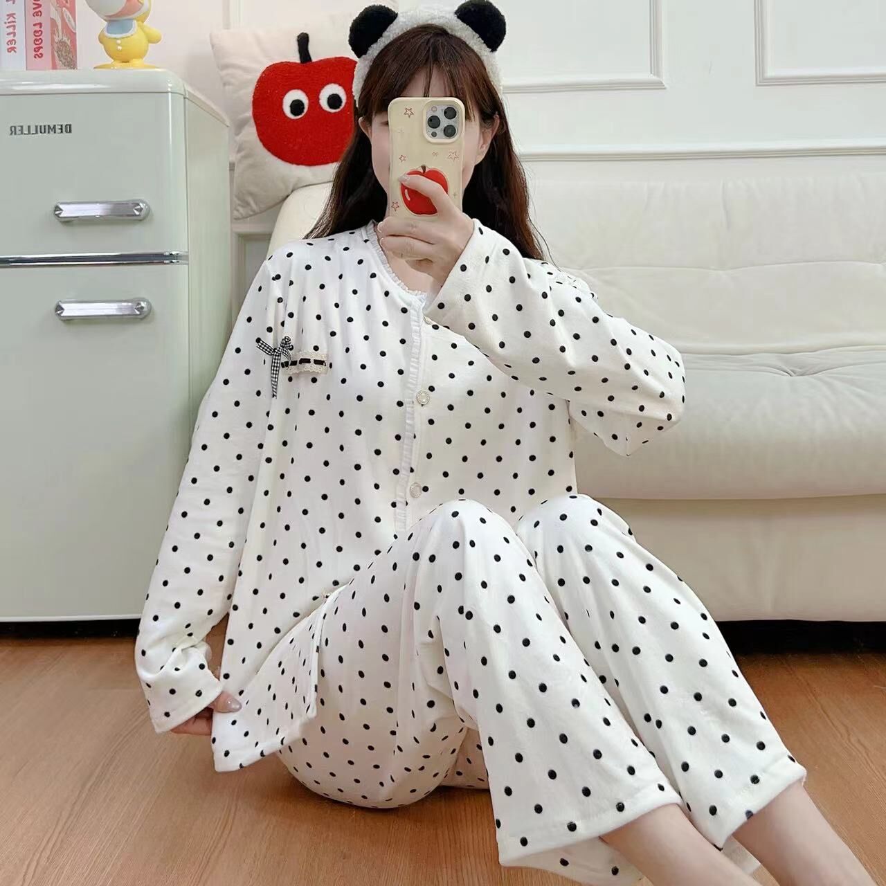 IF1562-韓系甜美波點蕾絲花邊海島絨長袖居家睡衣套裝