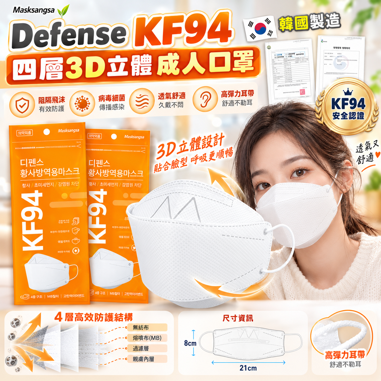韓國 Defense KF94 四層3D立體白色成人口罩 (一箱100個，20包x5個入)  十月團