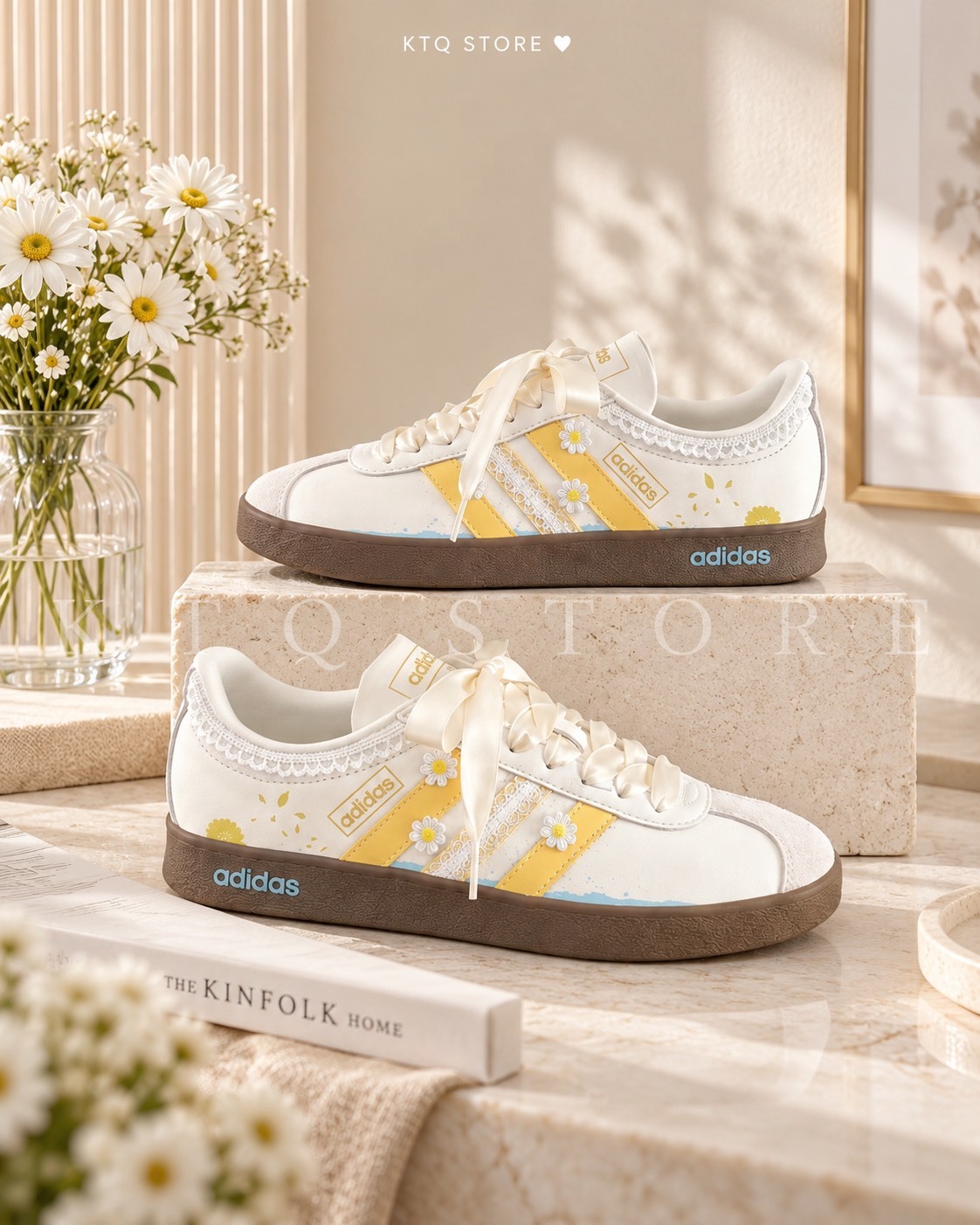 KTQ STORE ‧【定製球鞋】adidas VL COURT 2.0 花間碎金 MONE 質感防滑耐磨輕便 低幫德訓鞋 男女同款 米黃色JI0497