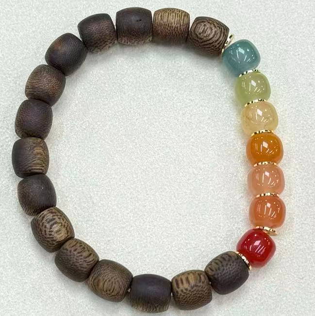 1021GZ44-GZTRIP-AGARWOOD-Nine-Tenths Sinking Kinam Barrel-Bead Bracelet - Rainbow Style (B44)