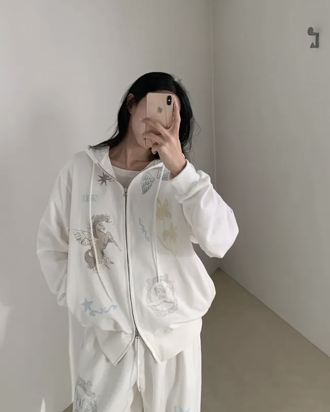<2.0> XIN SELECT 韓國 小眾 品牌 復古 巴洛克 天使 塗鴉 連帽外套 長褲 兩色