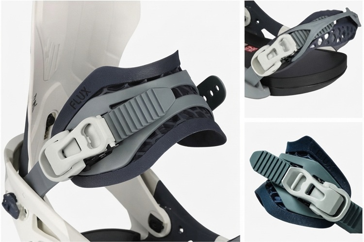 FLUX XF-SB 單板固定器特寫圖,展示印有 FLUX 標誌的腳背綁帶、網格腳尖綁帶與米白色快拆金屬扣件細節。