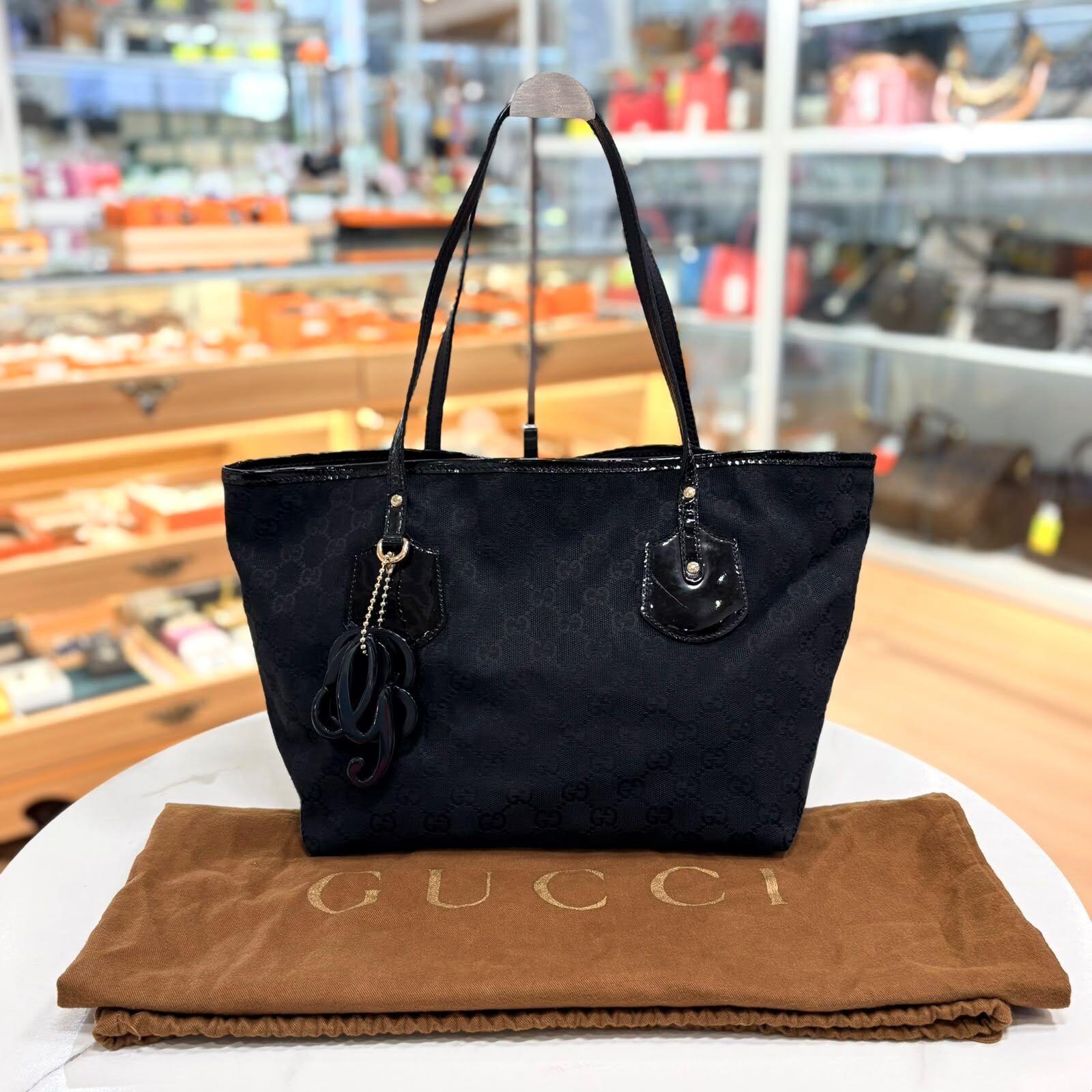 90%NEW USED GUCCI 單肩袋, 211976, 輕盈黑色帆布 / 漆皮肩帶 GG Canvas Jolie Tote,  #香榭站正品
