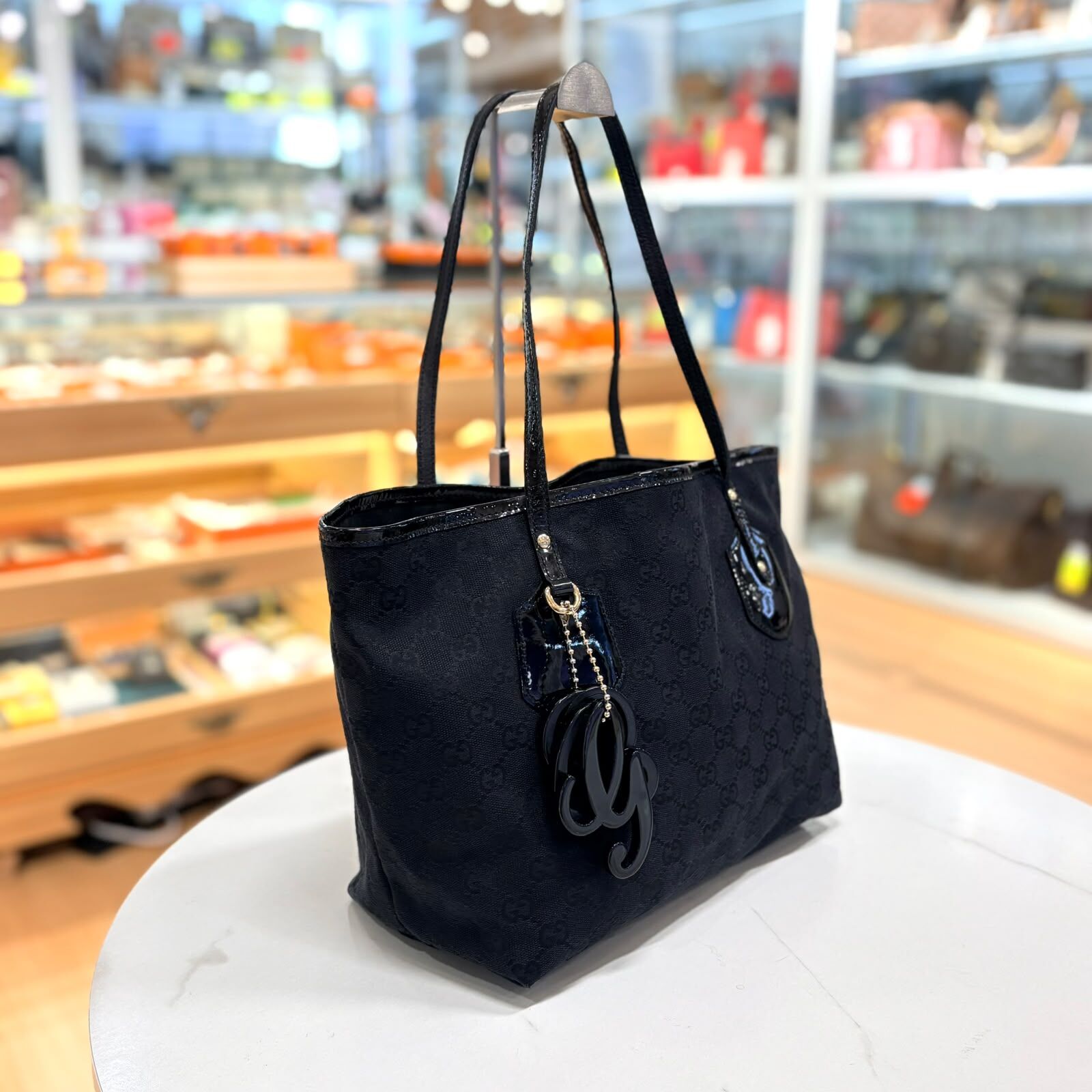90%NEW USED GUCCI 單肩袋, 211976, 輕盈黑色帆布 / 漆皮肩帶 GG Canvas Jolie Tote,  #香榭站正品