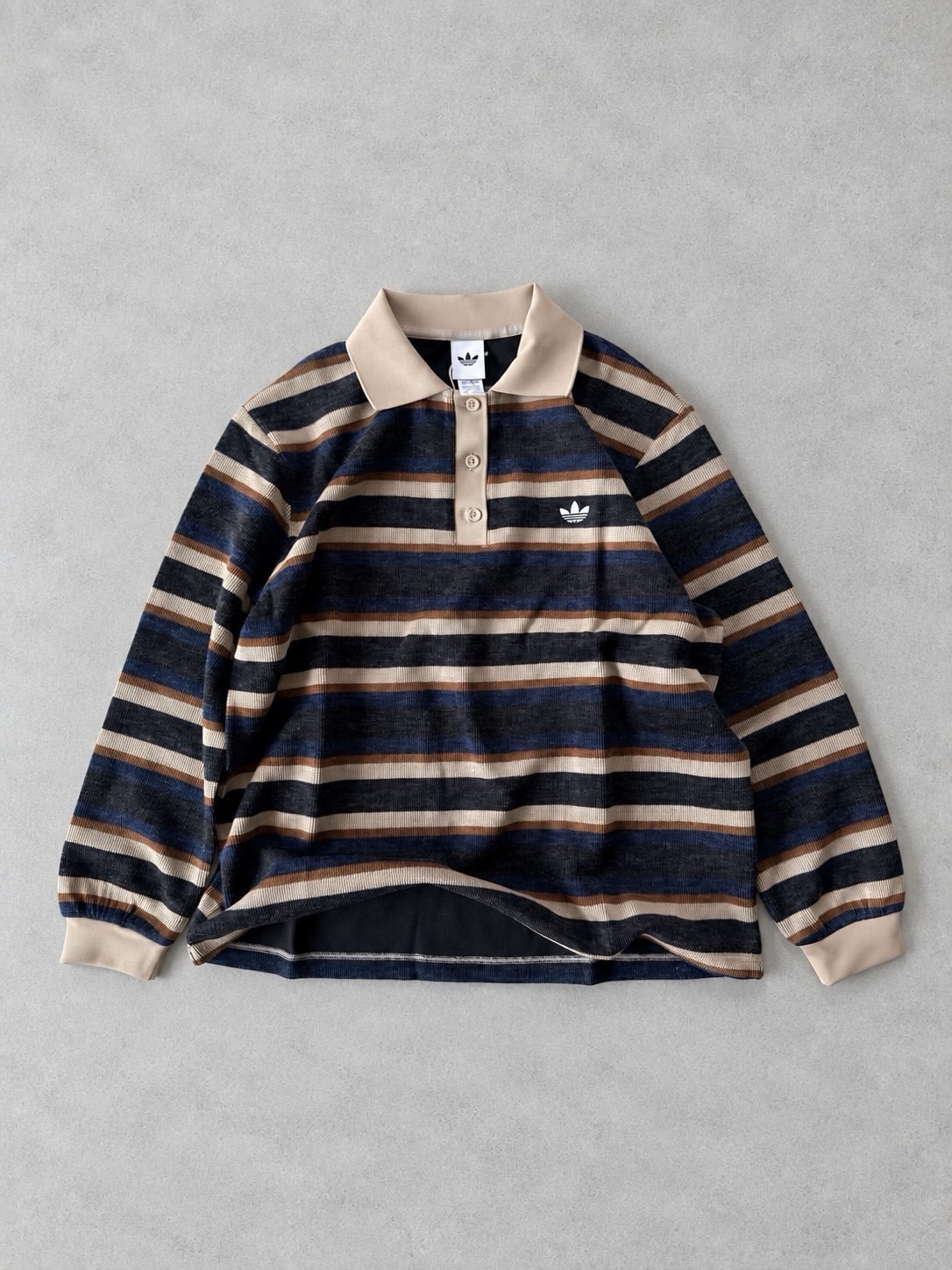ADIDAS ORIGINALS 條紋針織POLO衫 長袖 長T 翻領 撞色 復古 天鵝絨 女款 黑灰 LG3945 莓果紅 LG4083 / 調貨