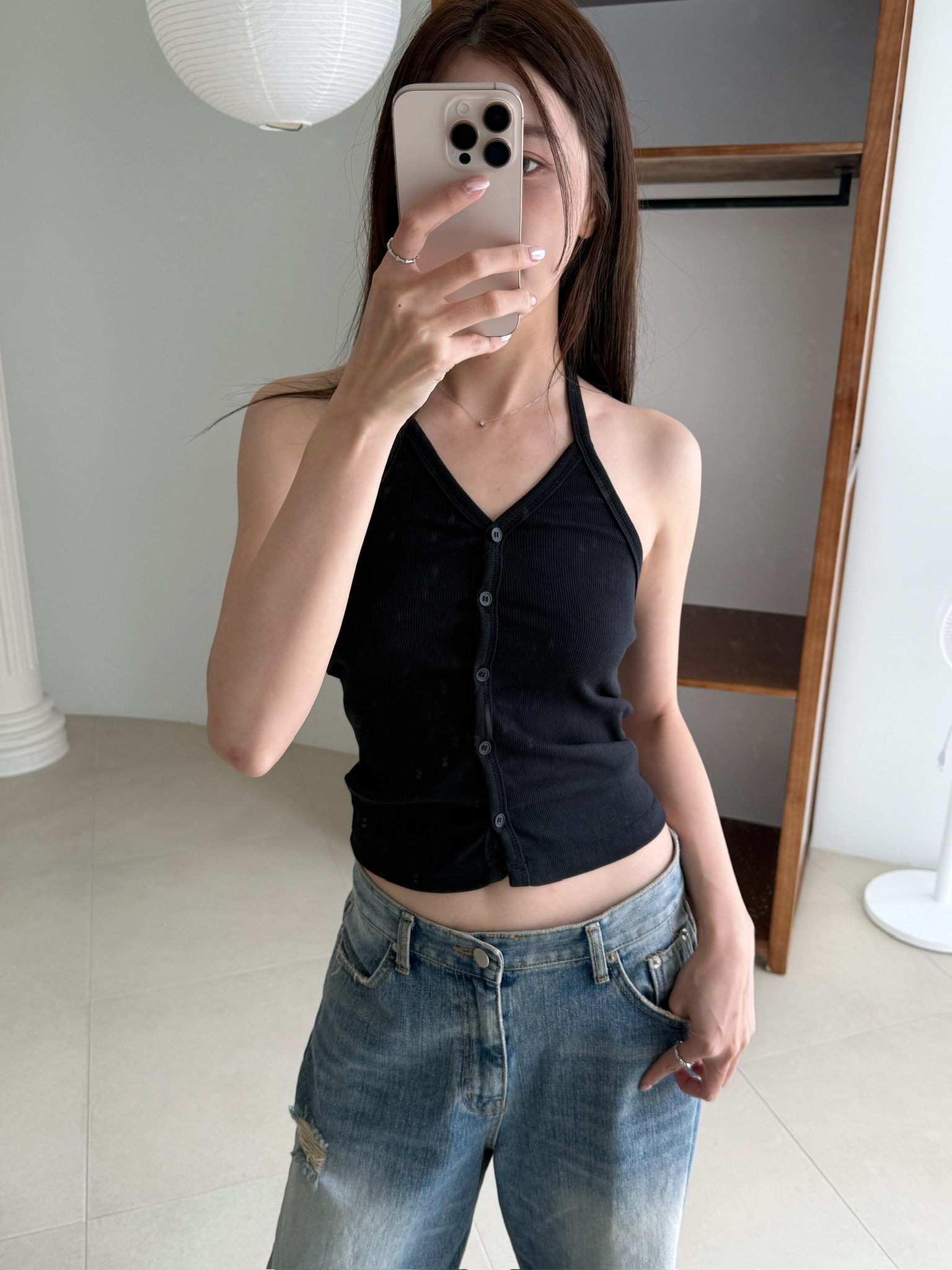 排釦繞脖背心(灰/黑)
