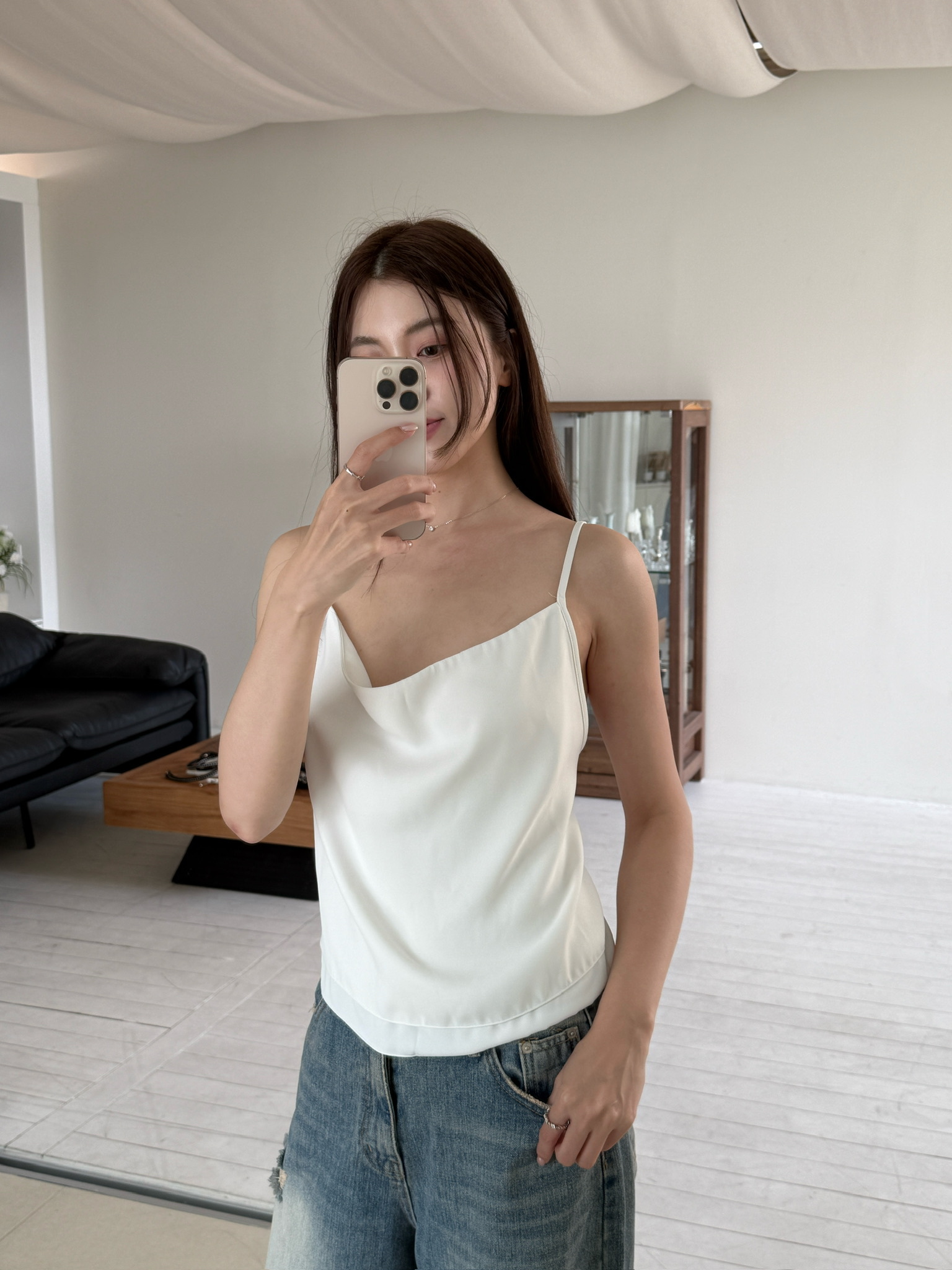 細肩光澤綁帶背心(白)