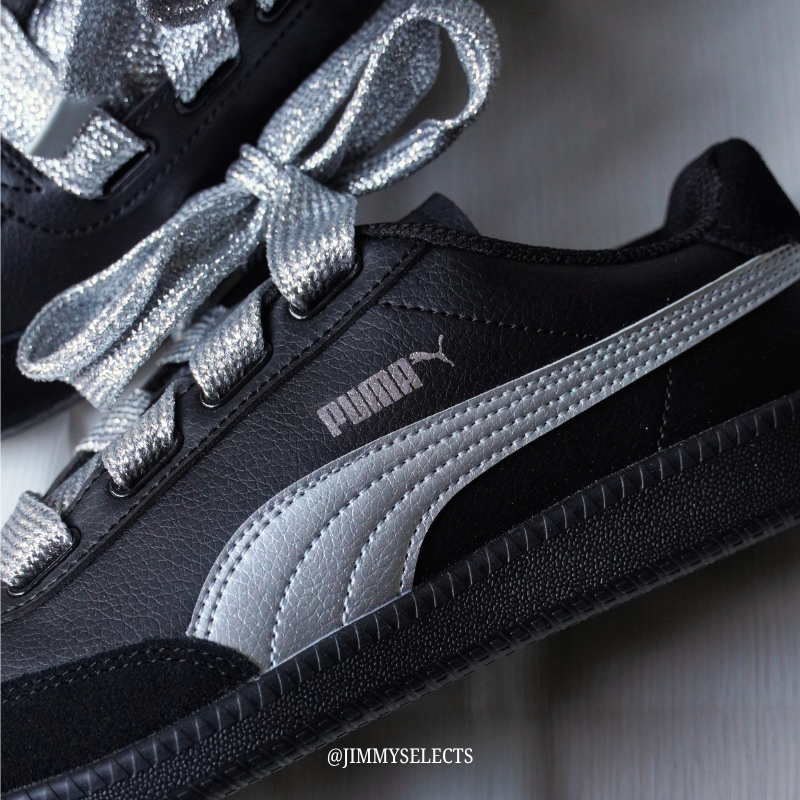 PUMA 9-T SUEDE Women’s Sneakers｜Black Silver / Grey Silver Glitter Retro German Trainer Low Profile