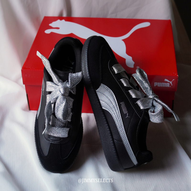 PUMA 9-T SUEDE Women’s Sneakers｜Black Silver / Grey Silver Glitter Retro German Trainer Low Profile