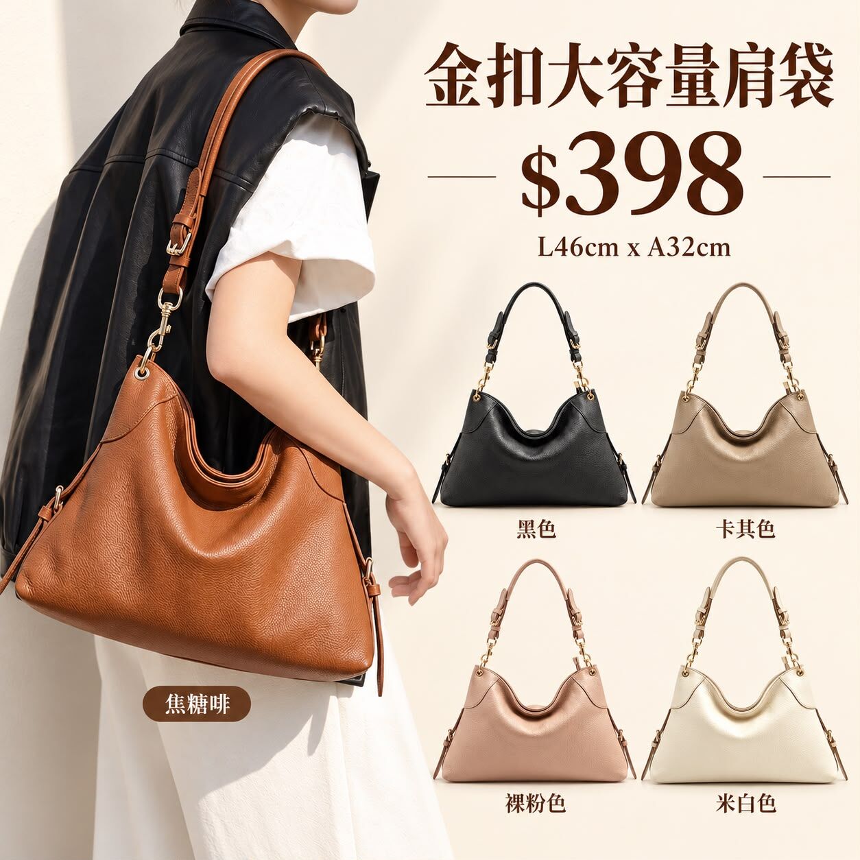 FU036 真皮金扣大容量肩袋46cm × 32cm