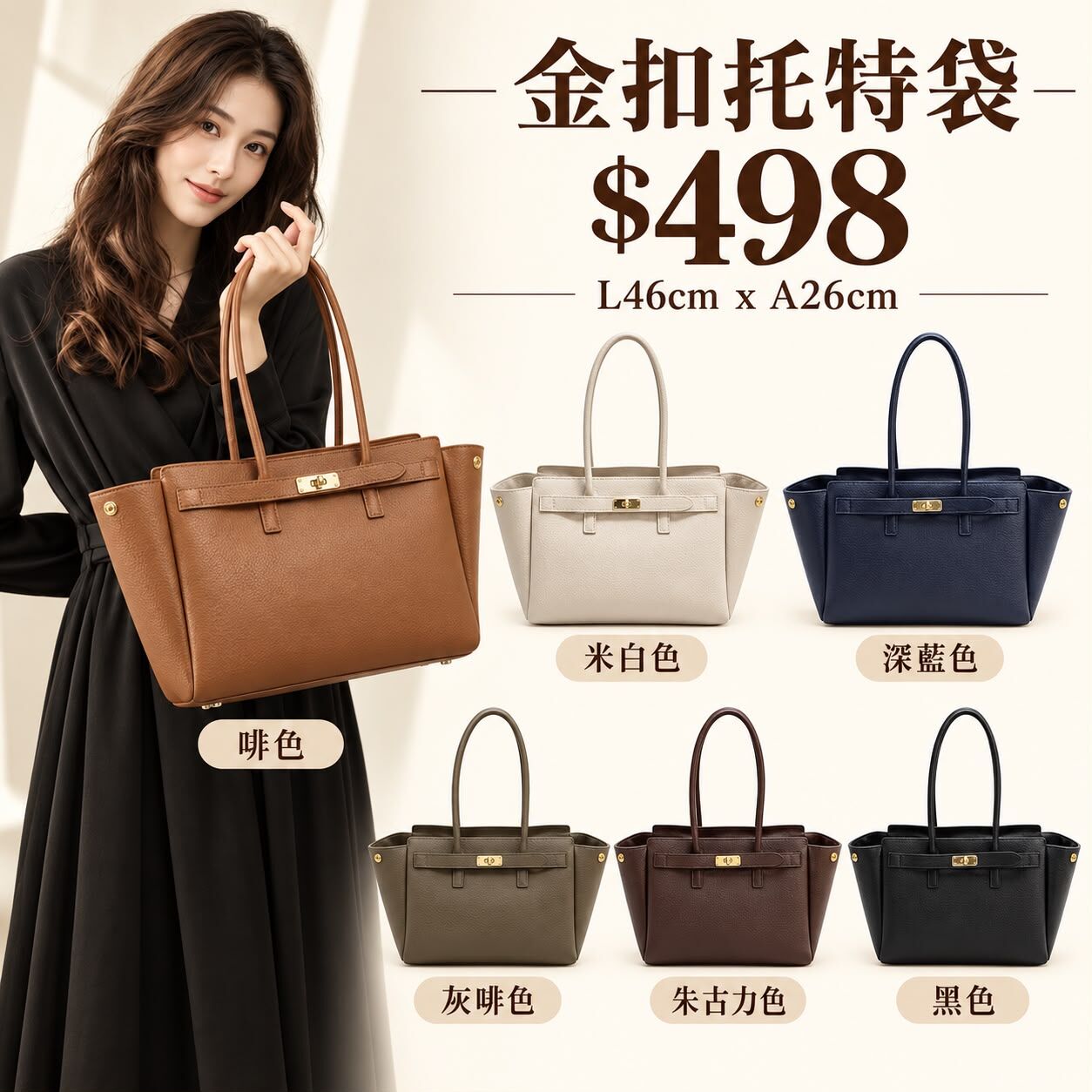 FU017 真皮金扣托特袋 46cm × 26cm