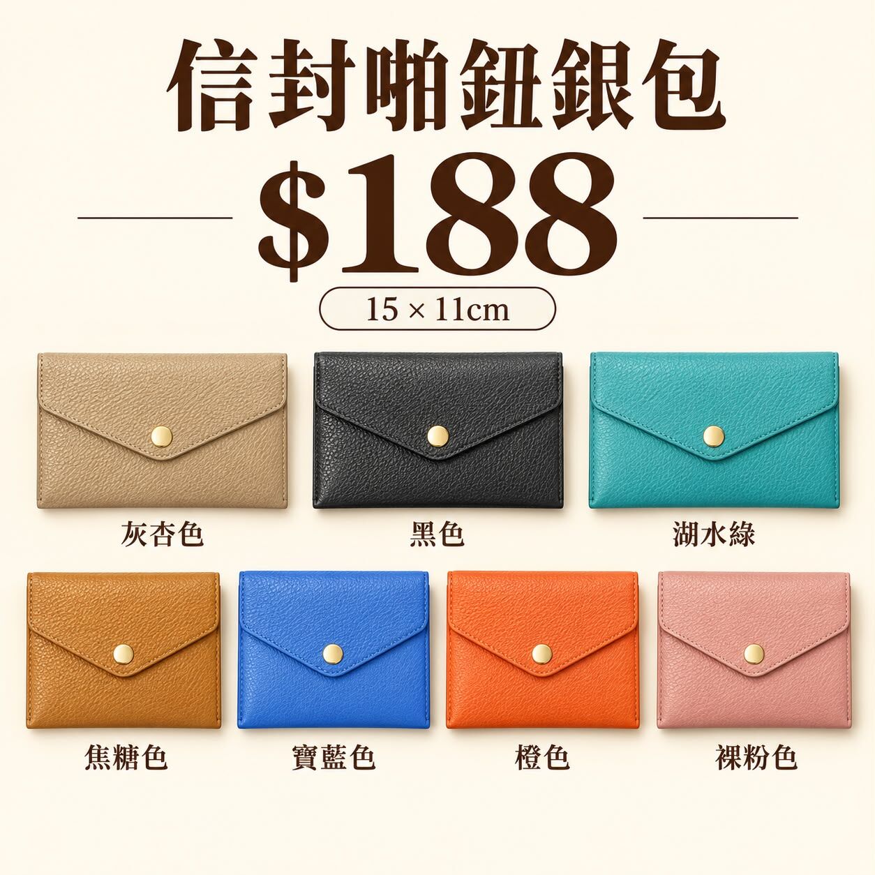 FU059 真皮信封啪鈕銀包 15 x 11cm