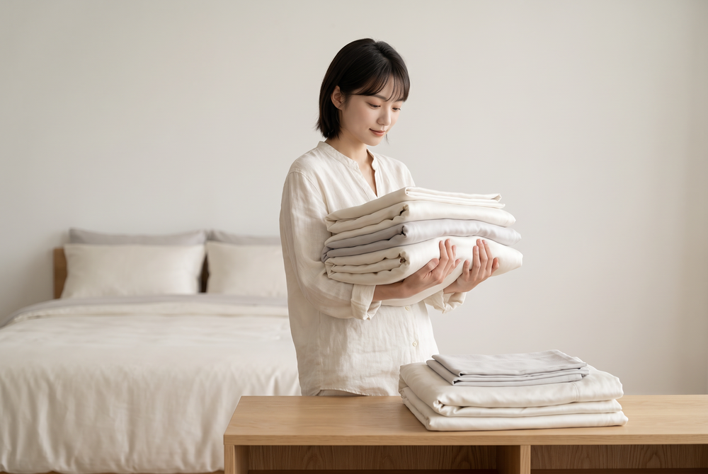 女性手捧摺疊米白淺灰床包__木桌臥室