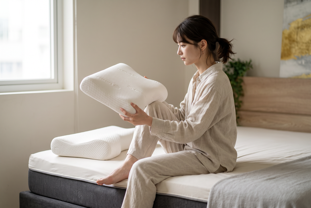 女性坐床邊檢視記憶枕_穿著米色家居服_