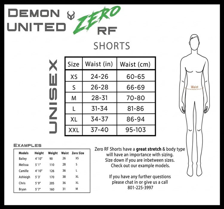 DEMON UNITED ZERO RF SHORTS 男女通用防護短褲尺寸表，包含 XS 至 XXL 腰圍對照與真人試穿範例
