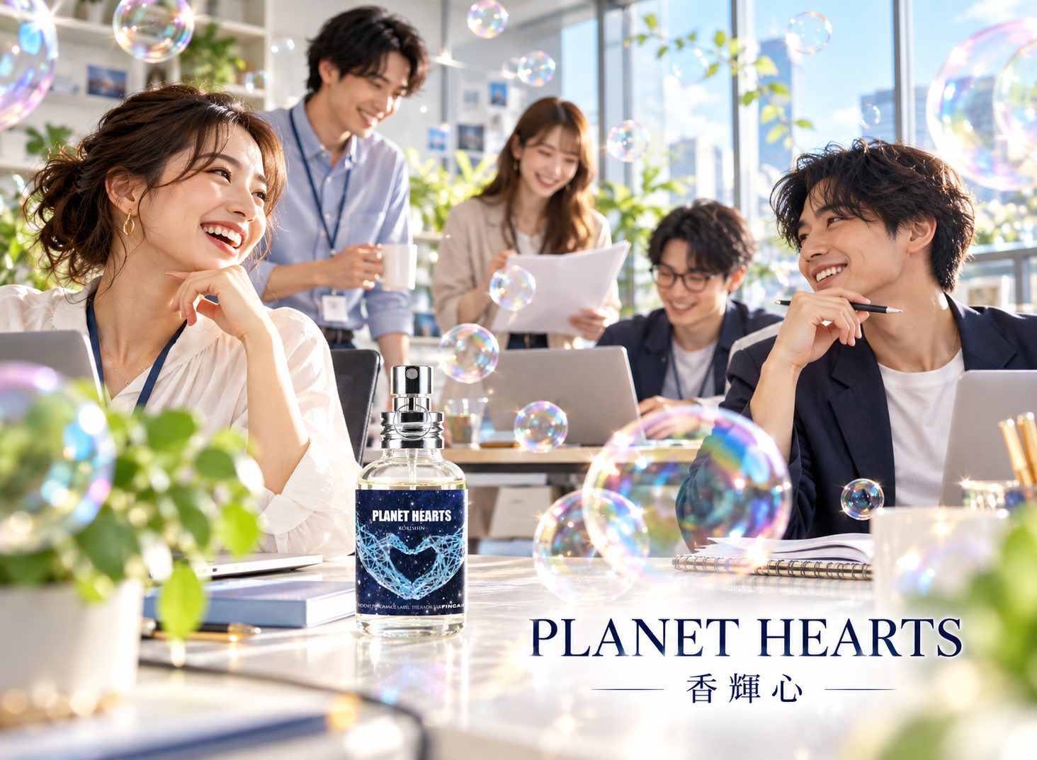 PLANET HEARTS 香輝心清新果香調,年輕男女在陽光明亮的辦公室愉快工作,繽紛彩色泡泡,輕盈活潑的香氣氛圍