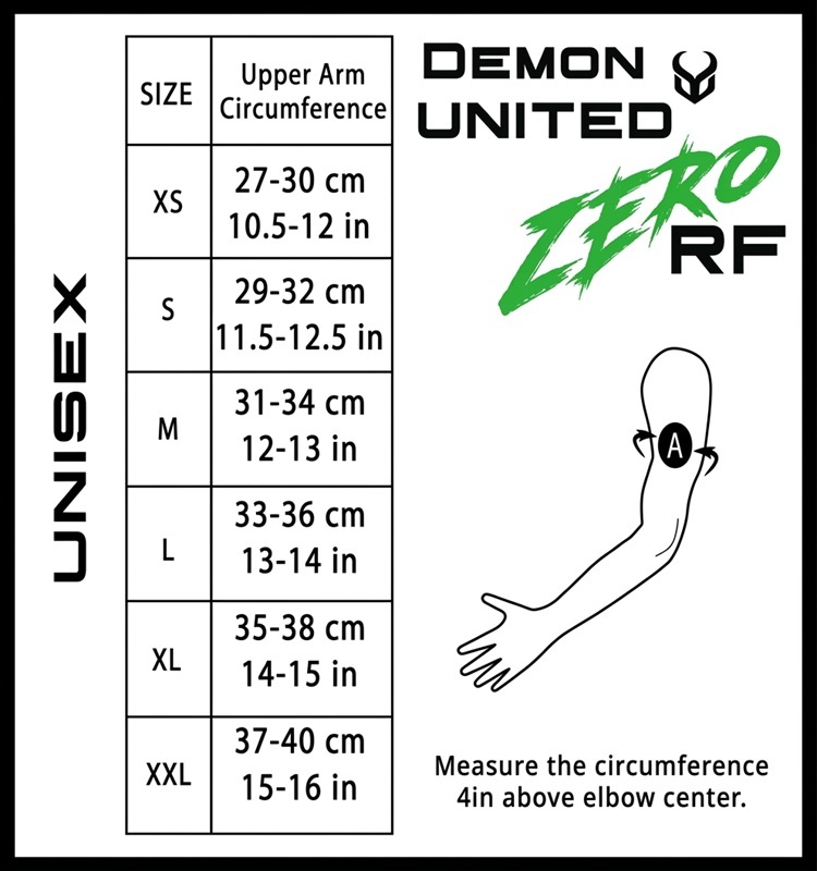 DEMON Zero RF 男女通用護具手臂尺寸對照表與手臂圍測量說明