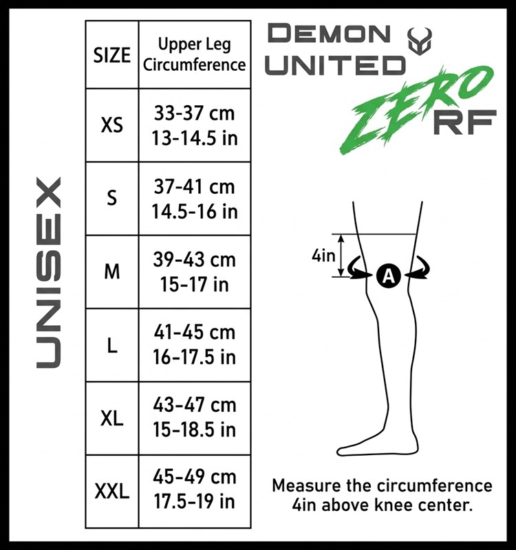 DEMON Zero RF 男女通用防護長褲/護膝尺寸對照表,包含 XS 至 XXL 的膝上腿圍測量數據與說明