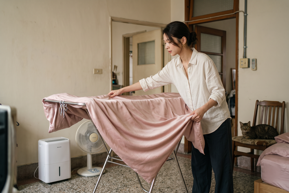 女子在室內晾床單_除濕機