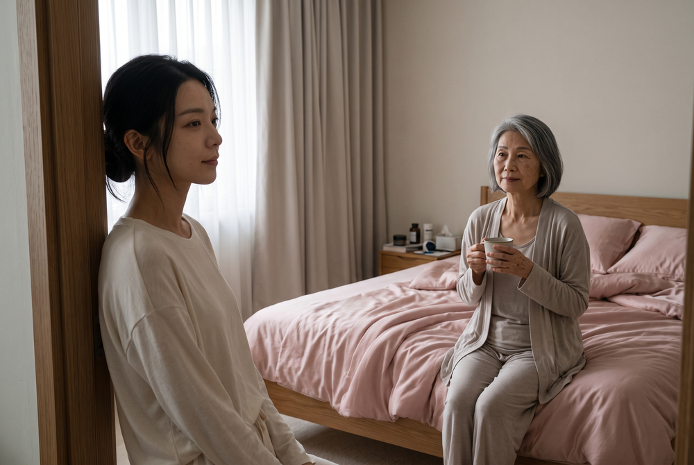 臥室中女子站門口_老婦拿杯子坐床尾