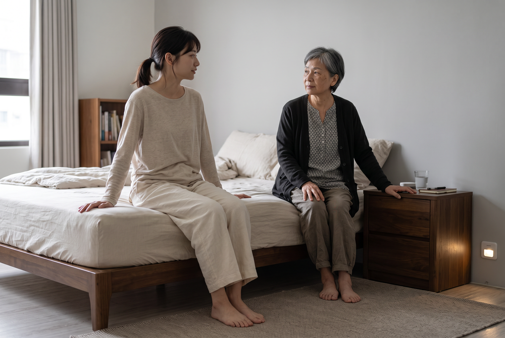 臥室中女子與老婦坐床邊