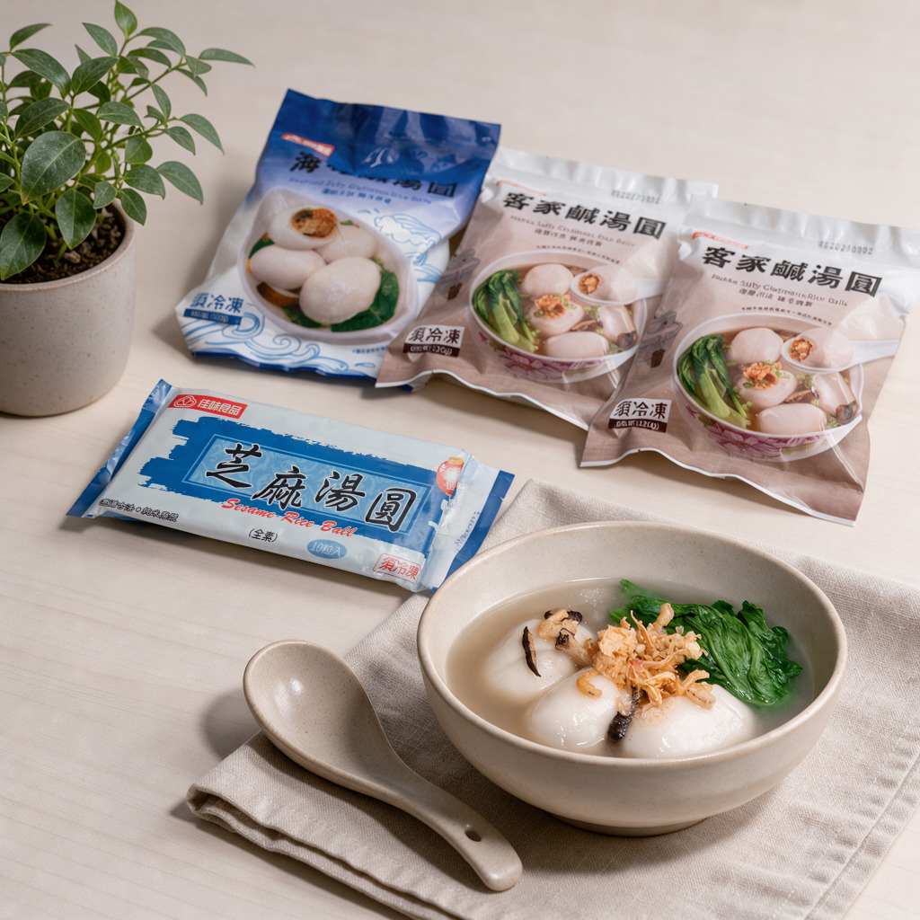 圓滿賜福湯圓組合包:客家鹹湯圓2包+海味鹹湯圓1包+芝麻湯圓1包,鹹甜組合共4包,皮Q軟綿搭配嚴選內陷食材,每口都是滿滿餡料!