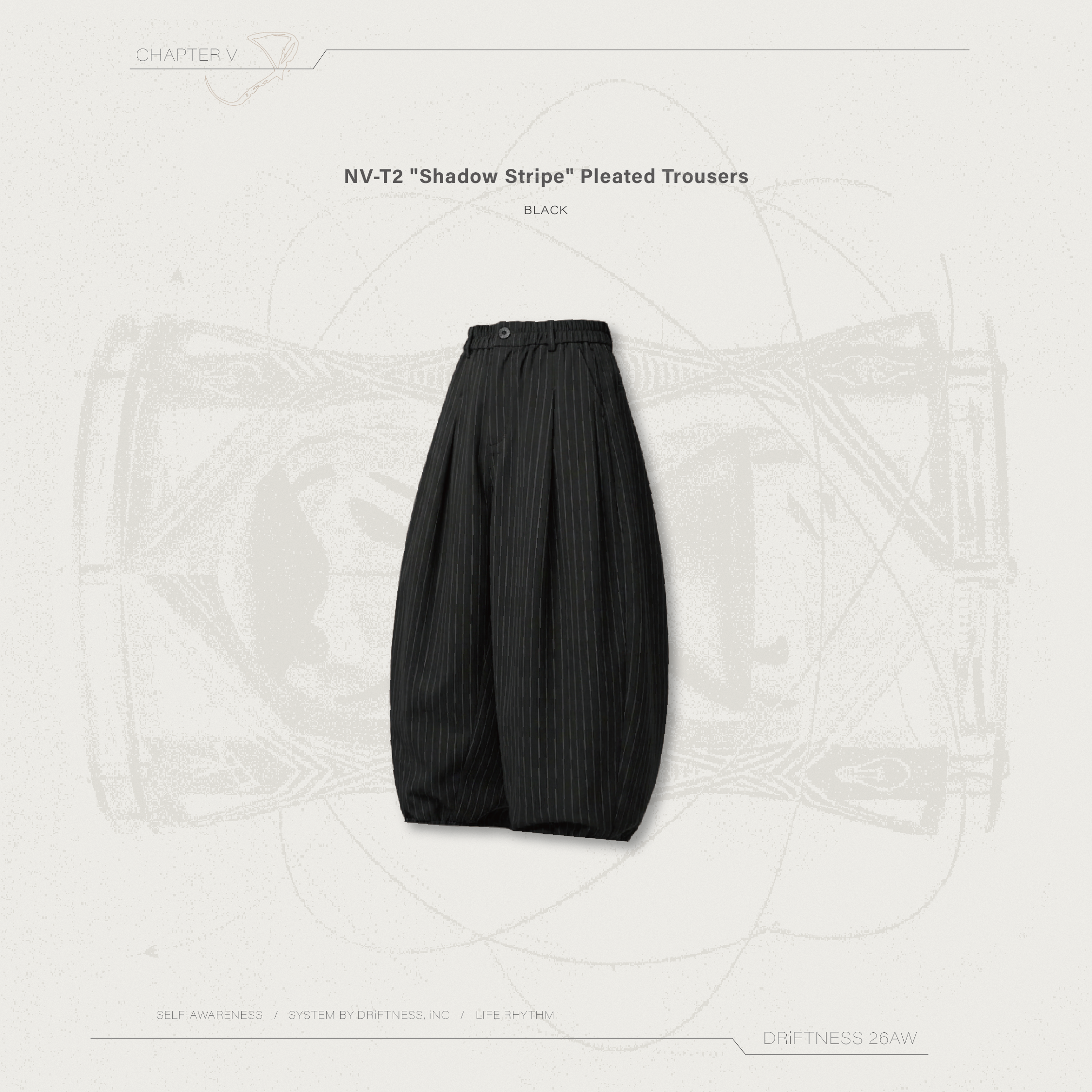 DRiFTNESS｜NV-T2 "Shadow Stripe" 質感條紋廓形打褶褲 - Black