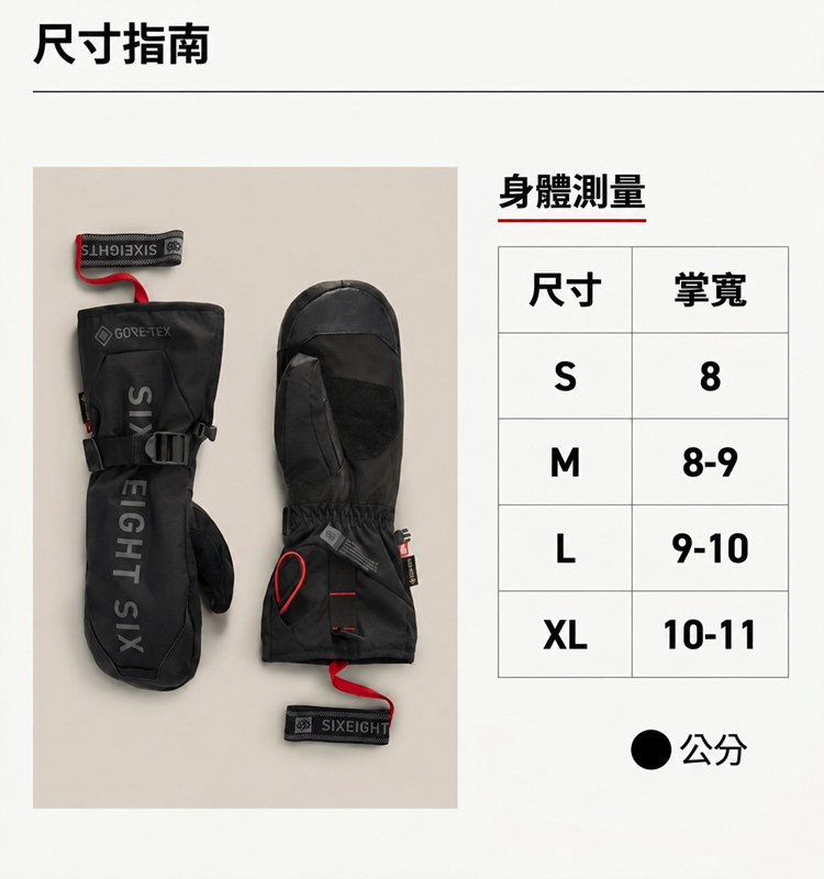 686 官方滑雪手套尺寸指南與身體測量對照表，包含 S、M、L、XL 掌寬公分數據（8-11公分），左側搭配 686 GORE-TEX 專業滑雪手套實品對照圖