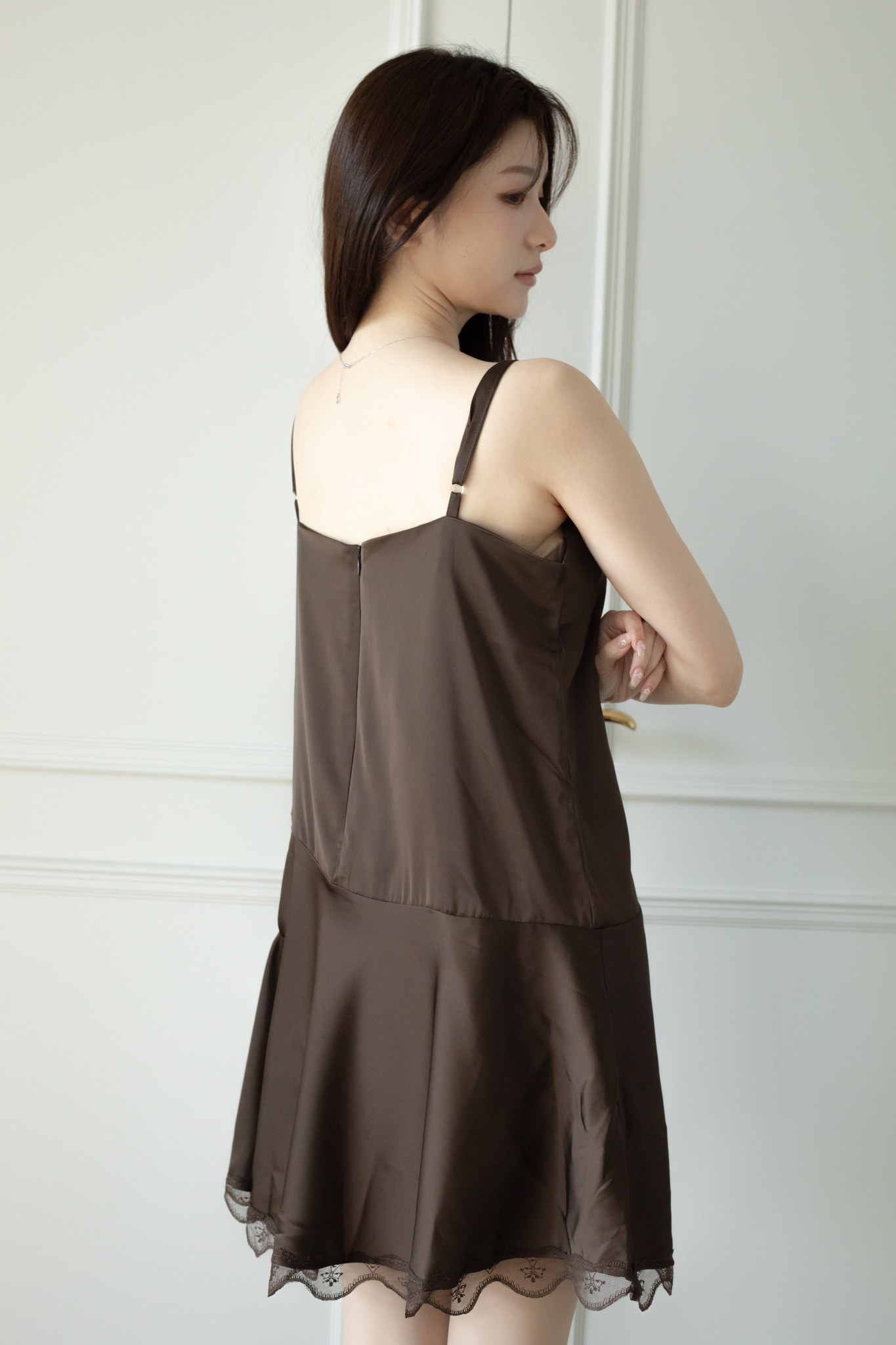 T04 LACE-TRIMMED SATIN SLIP DRESS