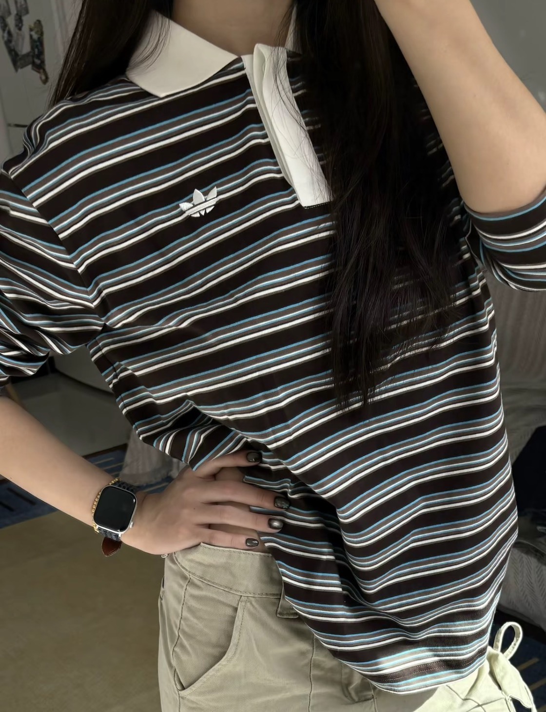 【OWN】Adidas Originals Striped Oversize 長袖 上衣 條紋 POLO 立領 三葉草 刺繡 女版
