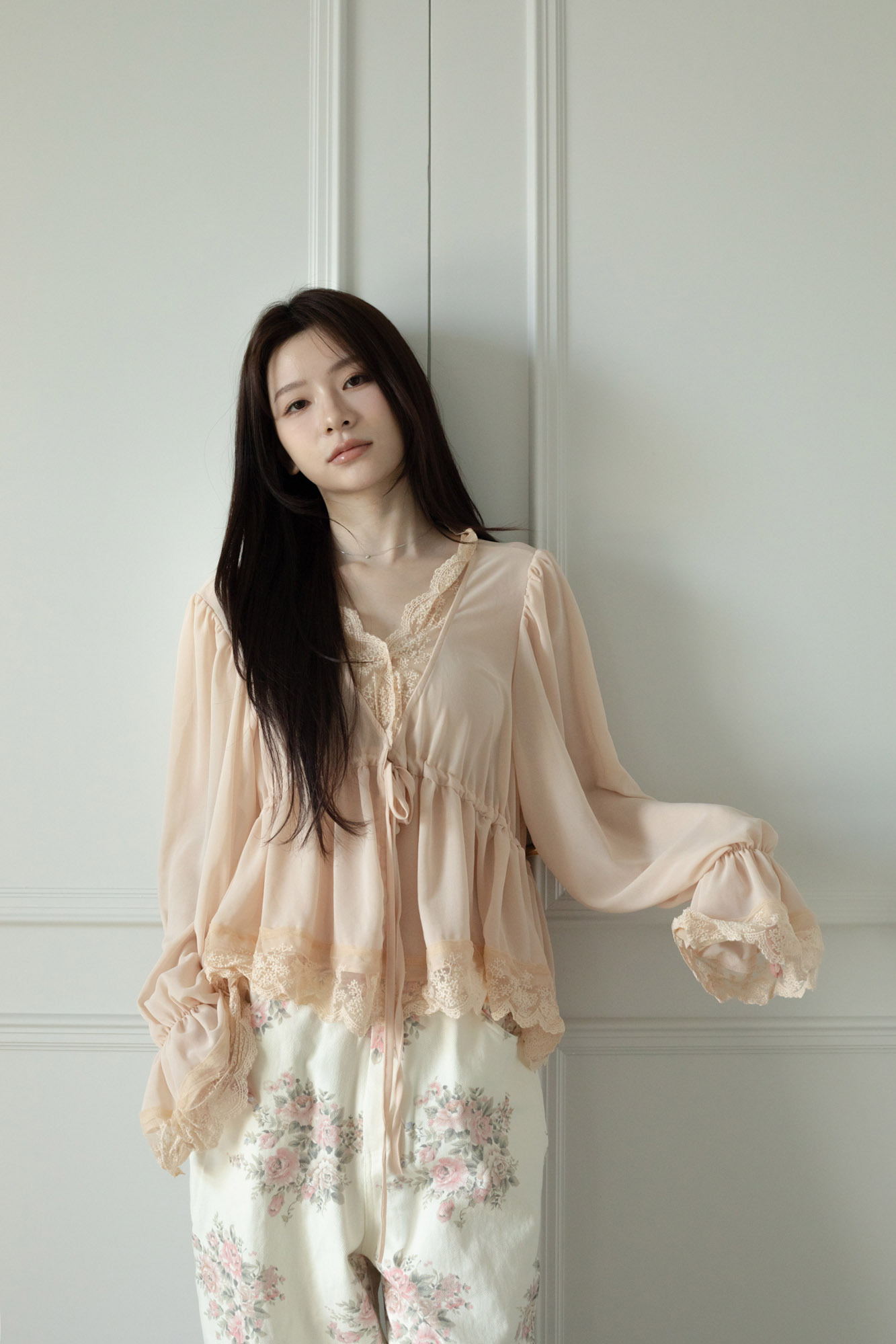 T16 SHEER LACE-TRIMMED CHIFFON BLOUSE
