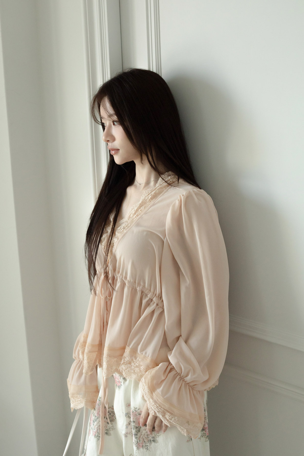 T16 SHEER LACE-TRIMMED CHIFFON BLOUSE