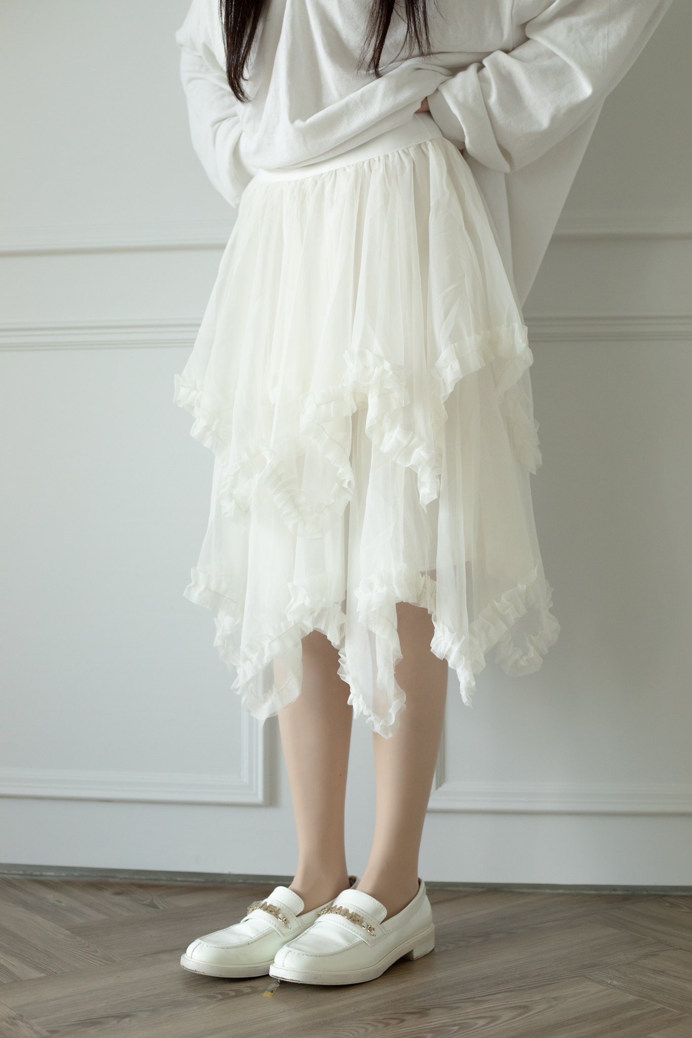 H01 LAYERED RUFFLE TULLY MIDI SKIRT