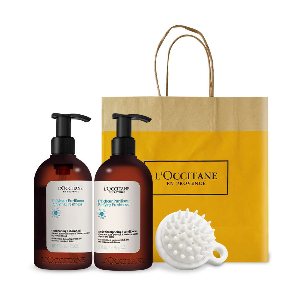 L'OCCITANE 歐舒丹 草本淨涼洗潤潔髮組送頭皮按摩梳-國際航空版