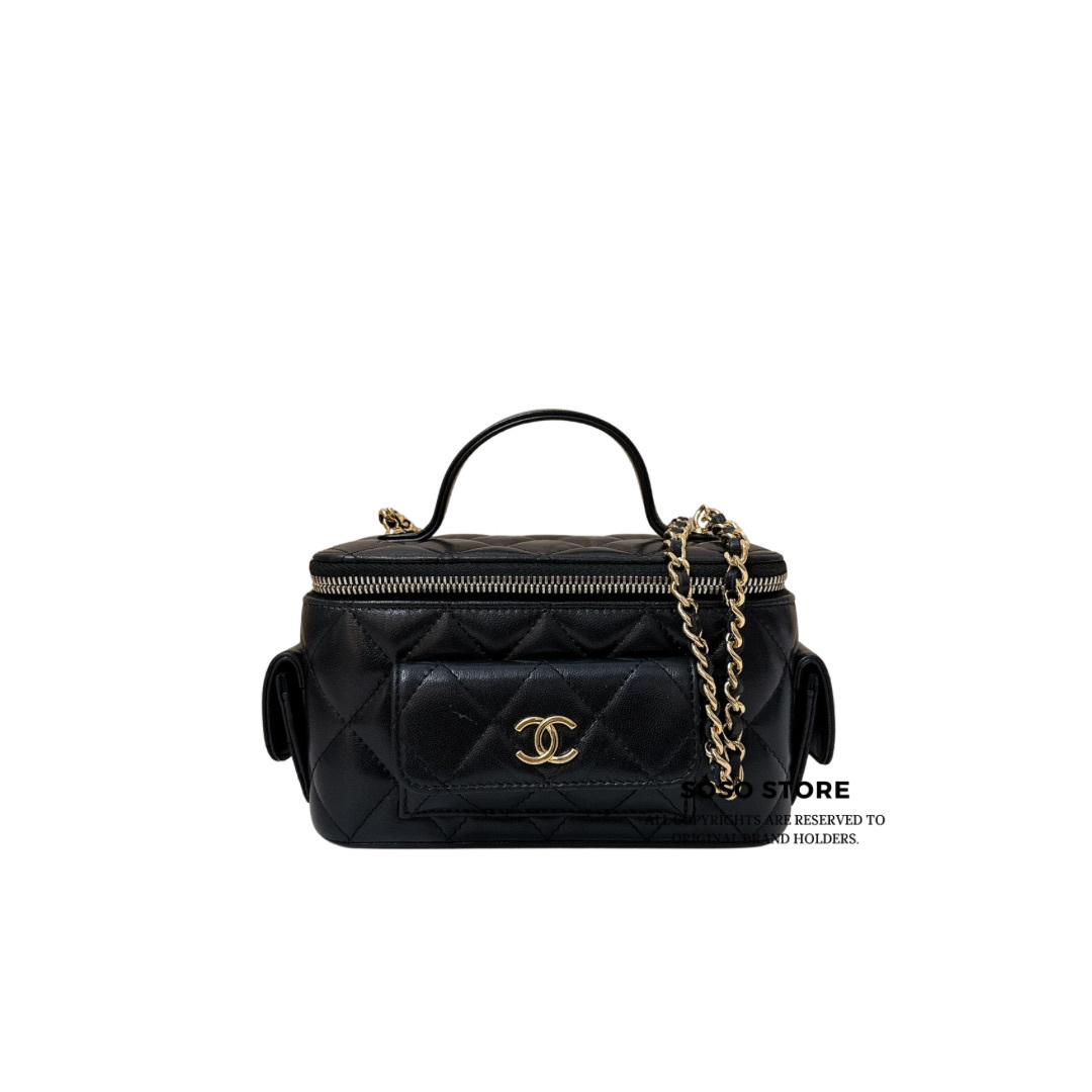 Chanel Vanity Cargo Grained Chain Top Handle Bag - Black / GHW