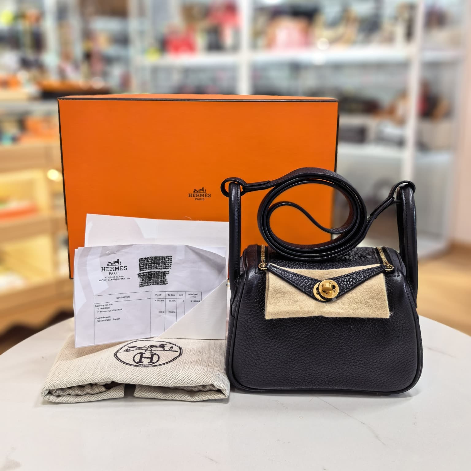 全新HERMES MINI LINDY B刻, 黑色TC皮/金扣, NOIR GHW, #香榭站正品