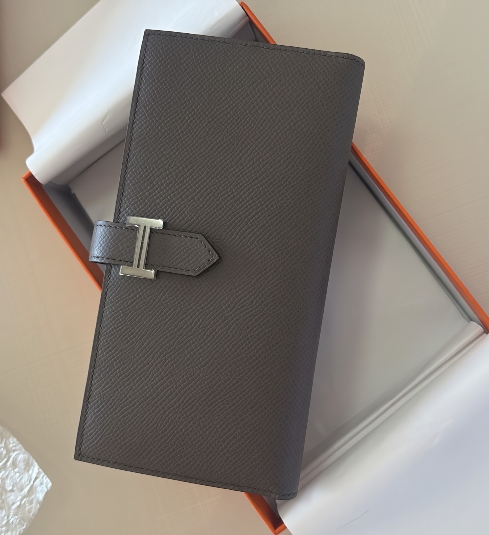 UNUSED HERMES BEARN WALLET 8F ETAIN CK EPSOM 石器灰銀扣
