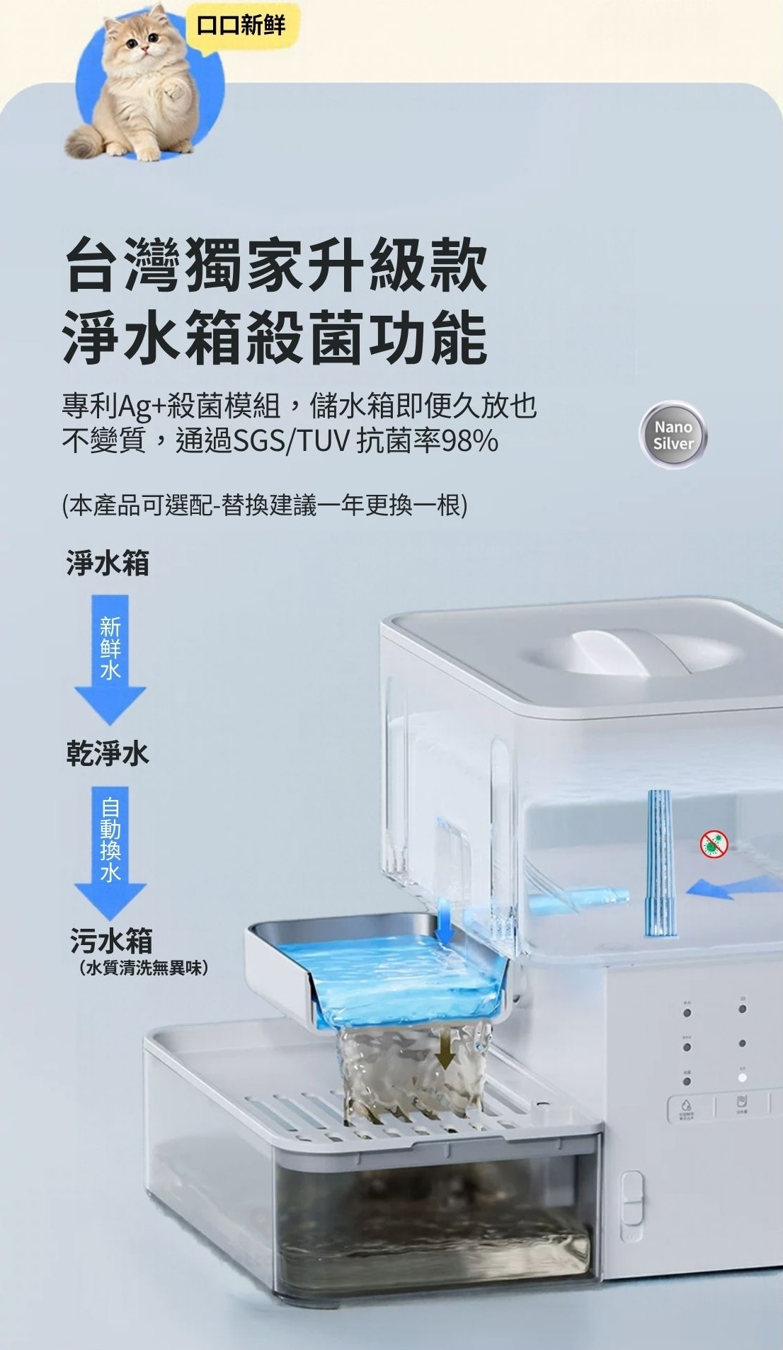 Marktart-MFUV800為台灣特規型號,淨水箱搭載殺菌濾膜管使水質有長效抗菌功效